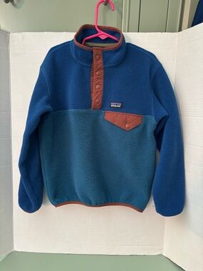 Patagonia Blue Fleece Pullover with Brown Trim size XS